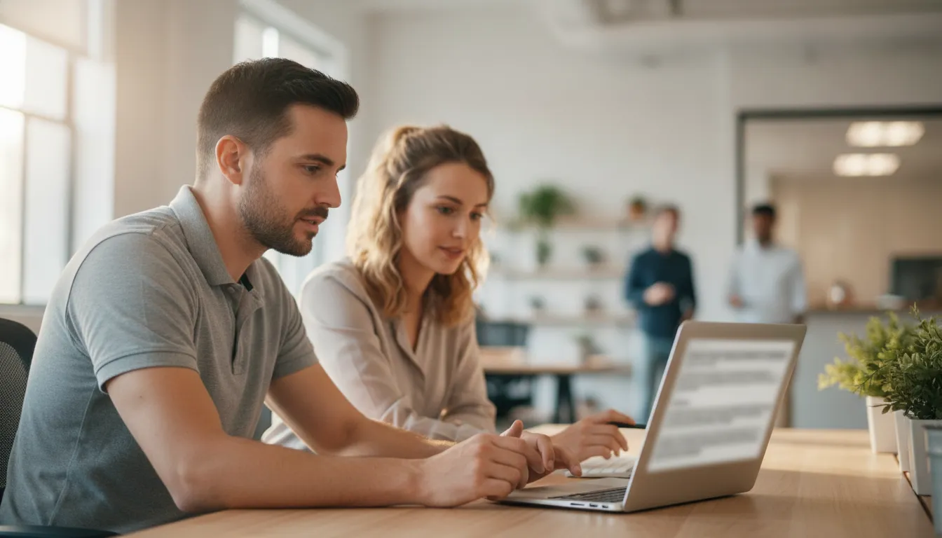 Senior software engineer and technical recruiting lead discussing a candidate profile in a bright modern office