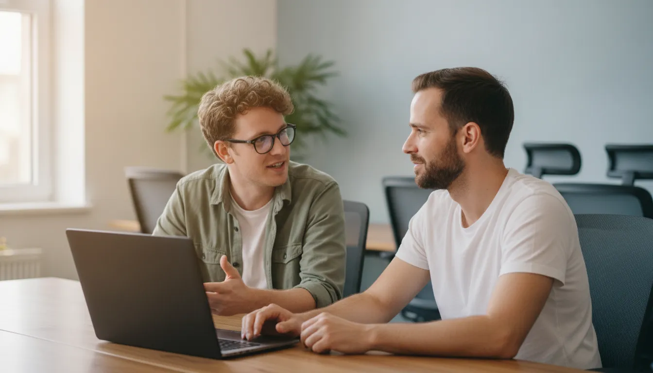 Engineering leader and software engineer collaborating in a modern office