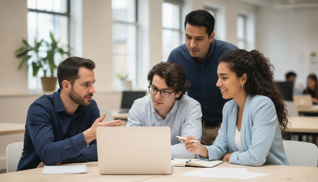 Engineering leaders reviewing a diverse team of senior software engineers in a modern office