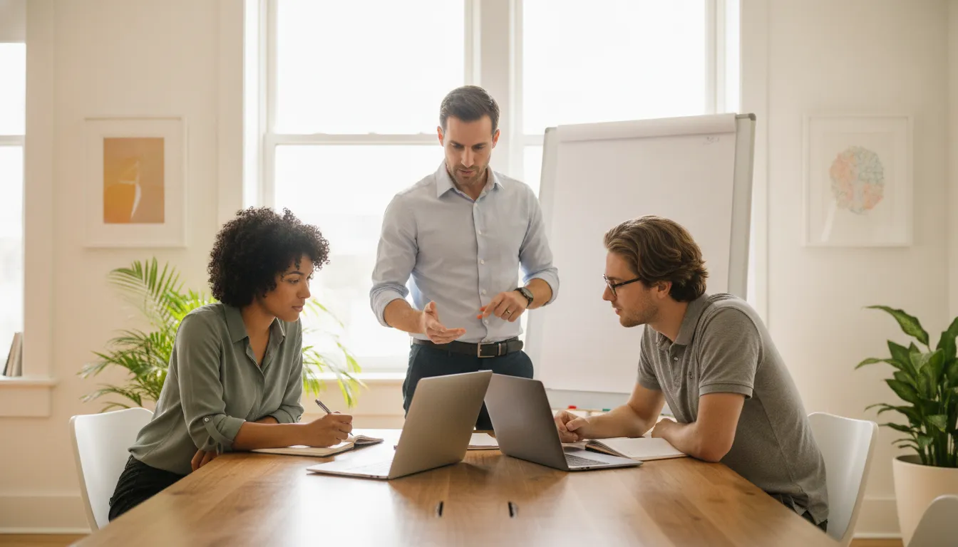 Engineering leaders collaborating with experienced software engineers in a modern office