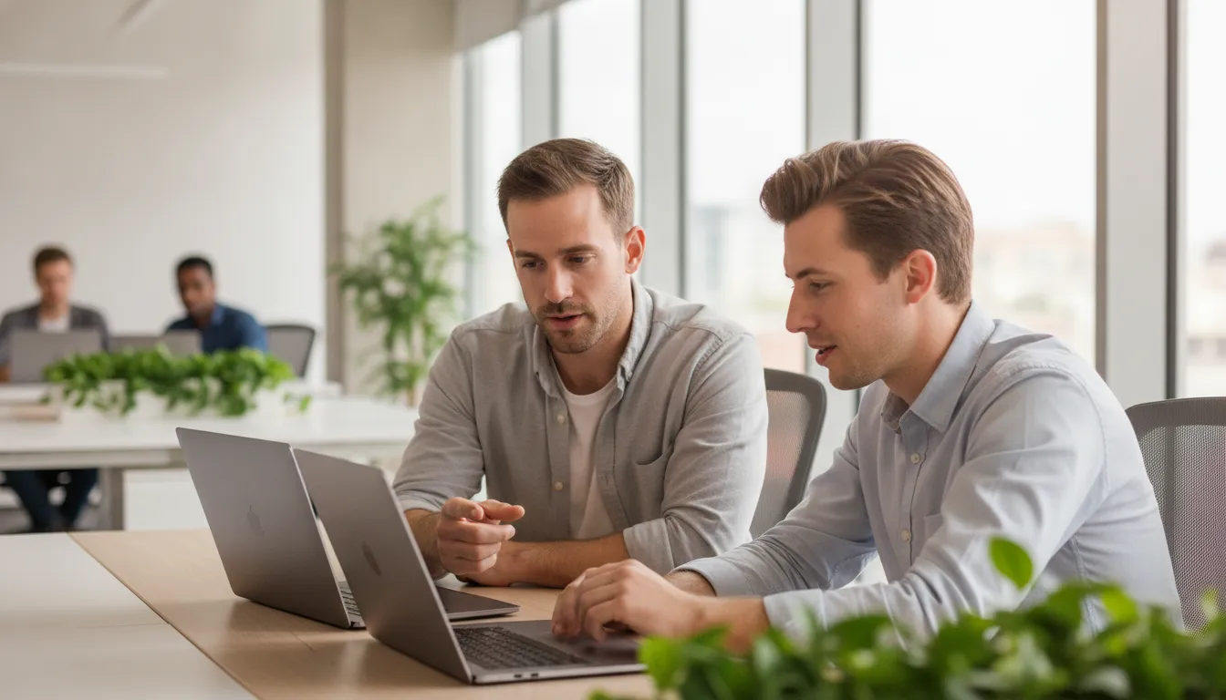 Engineering leader and senior nearshore software engineer collaborating in a modern office