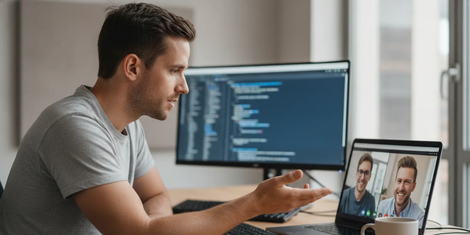 Senior software engineer reviewing code and discussing a design decision with teammates during a video call