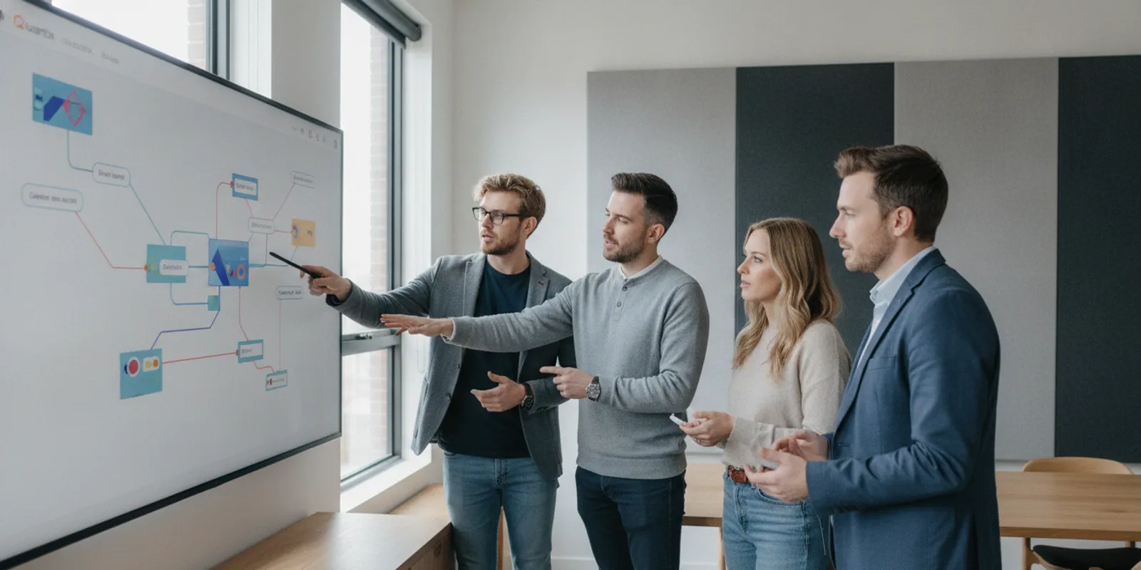 Engineering team reviewing an API platform architecture on a large screen