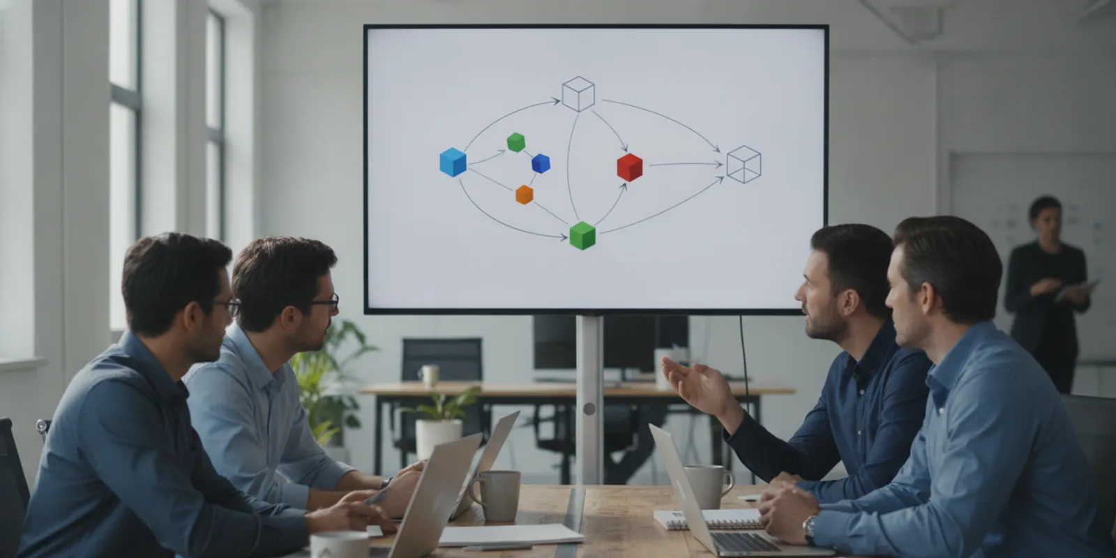 Engineering team reviewing a Kubernetes architecture diagram on a large screen