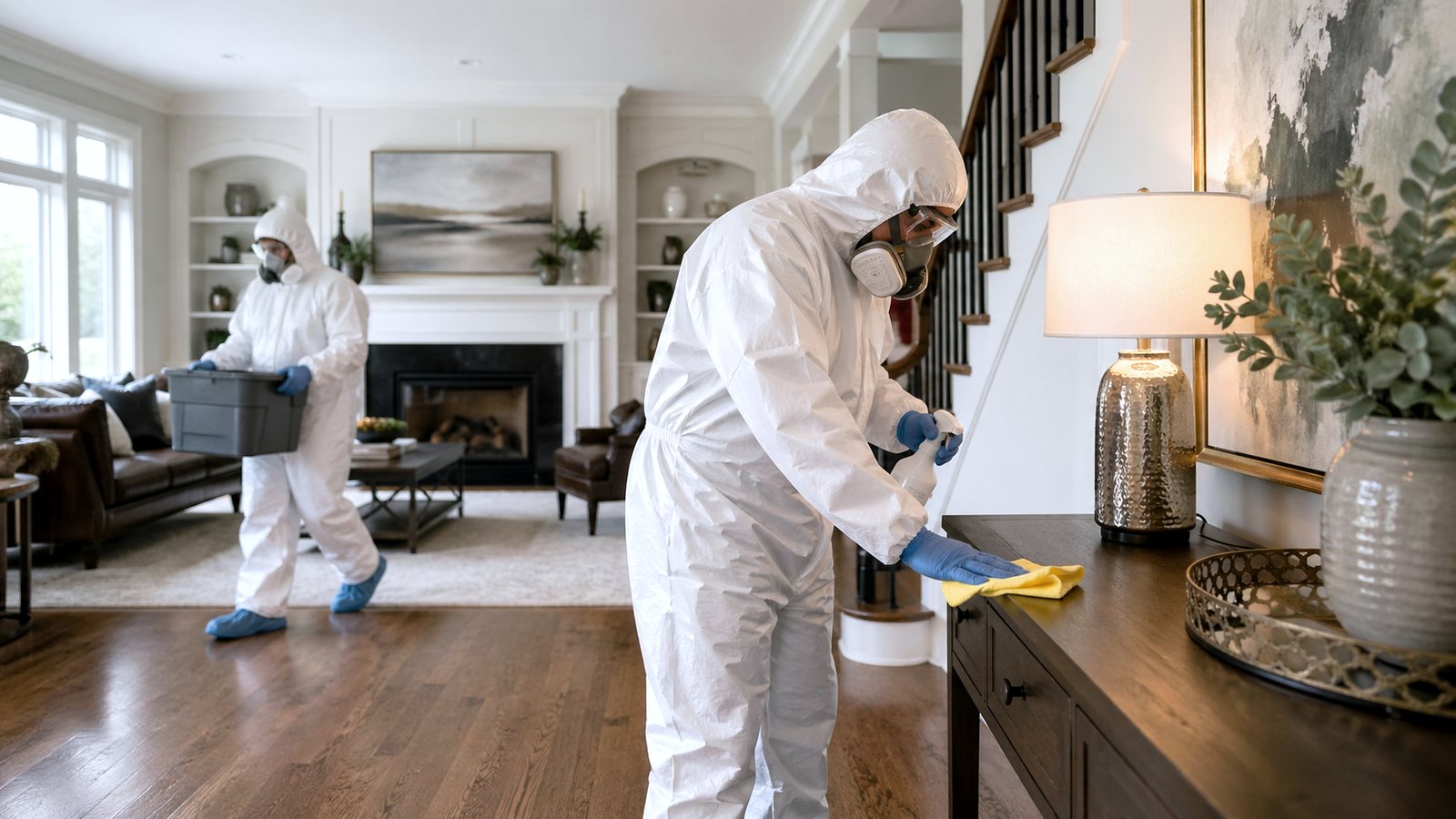 A technician in protective equipment treating a domestic room.