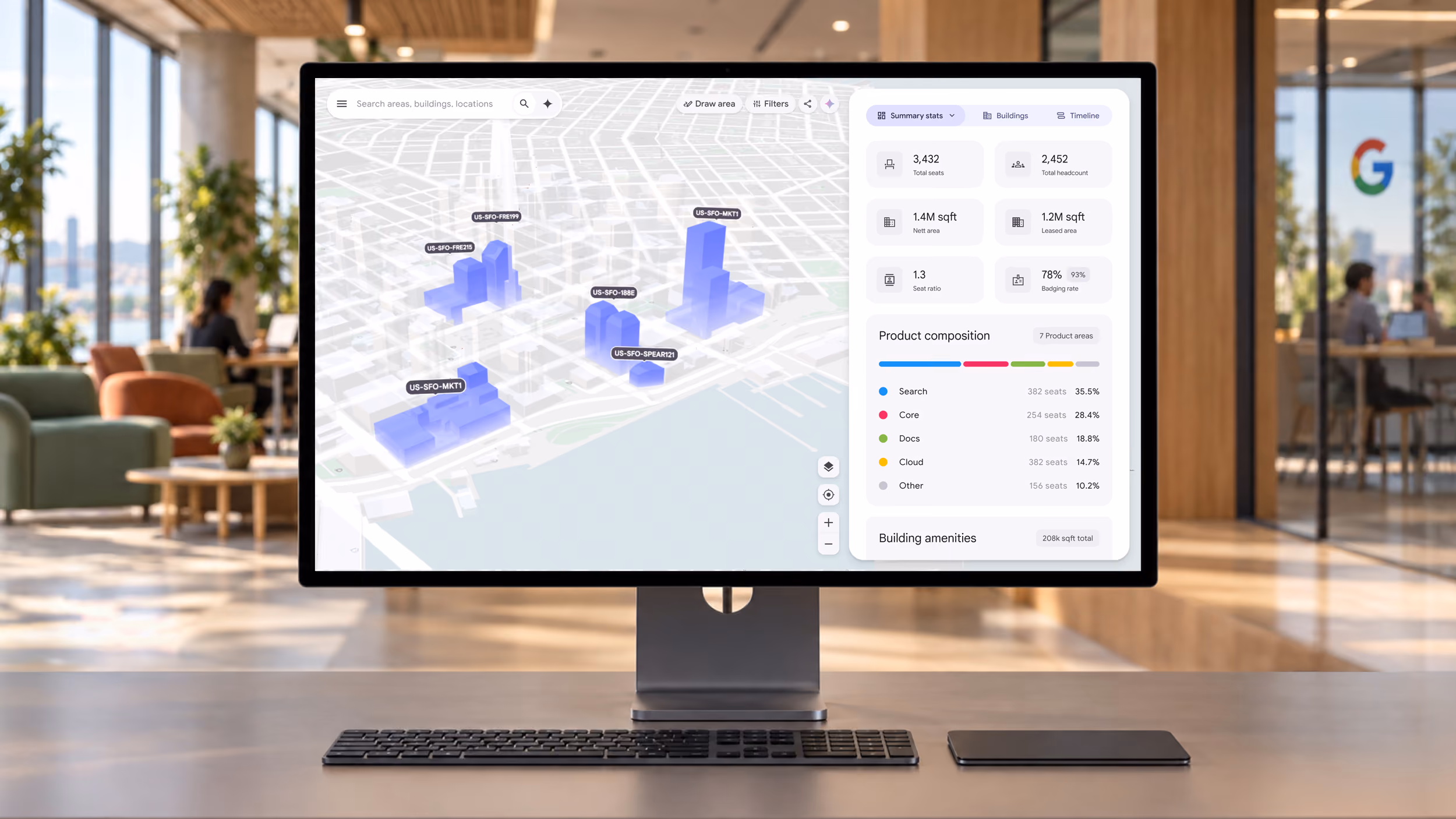 Google map and workplace data dashboard on a monitor in an office