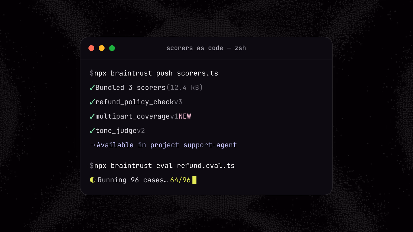 Braintrust command-line workflow for pushing evaluation scorers