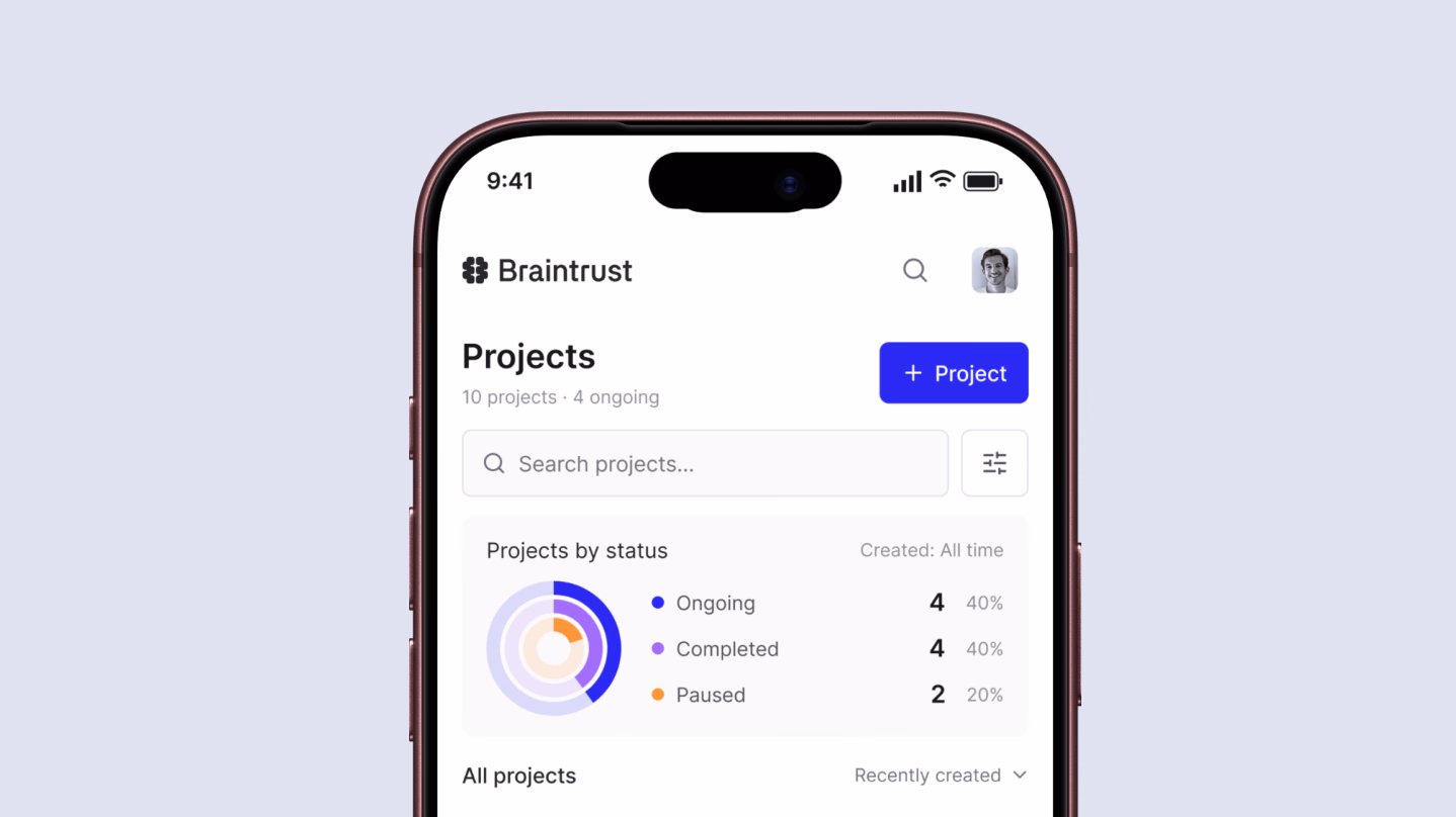 Braintrust projects dashboard on a phone