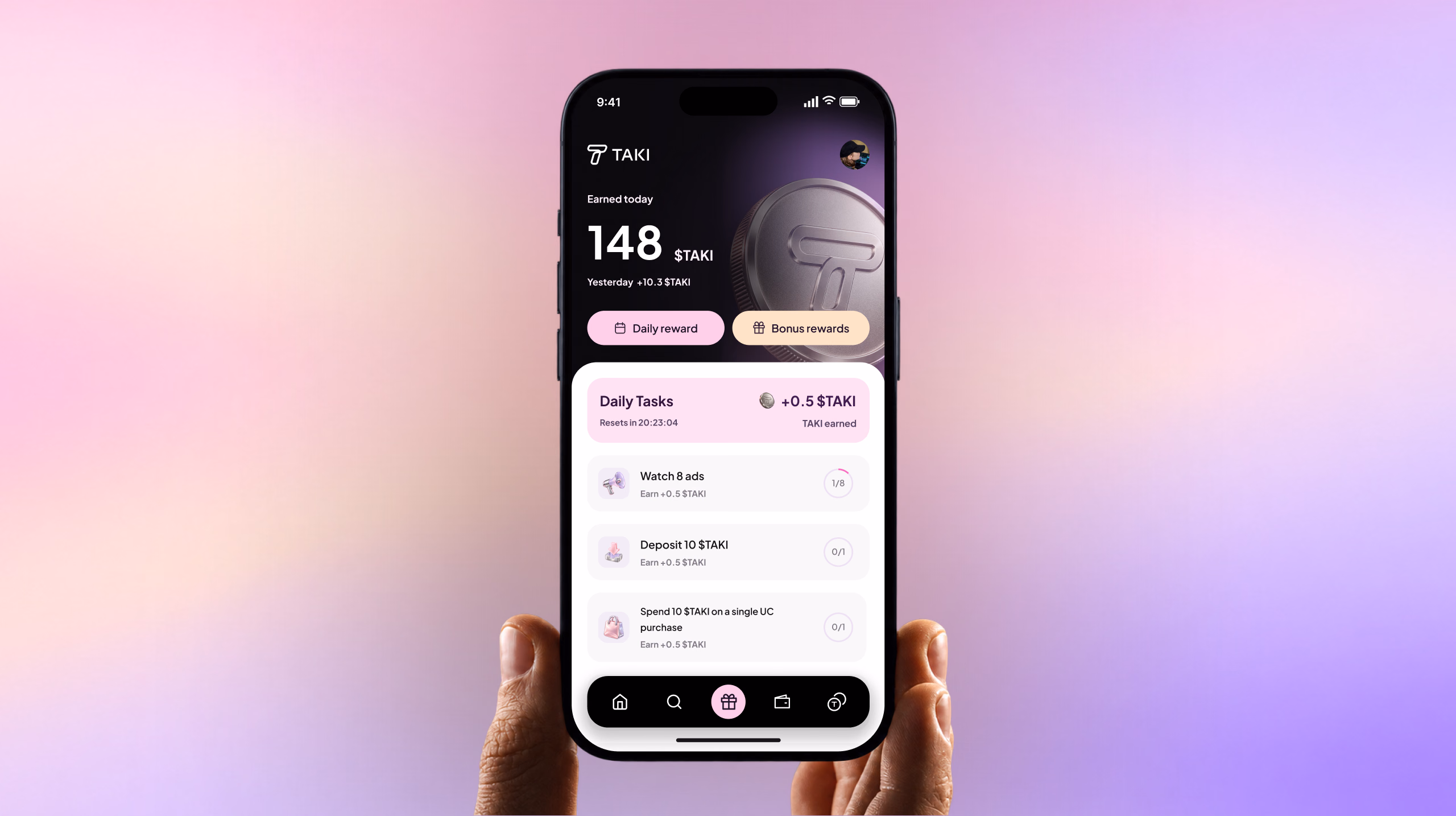 Taki daily rewards interface on a phone against a pink and purple gradient