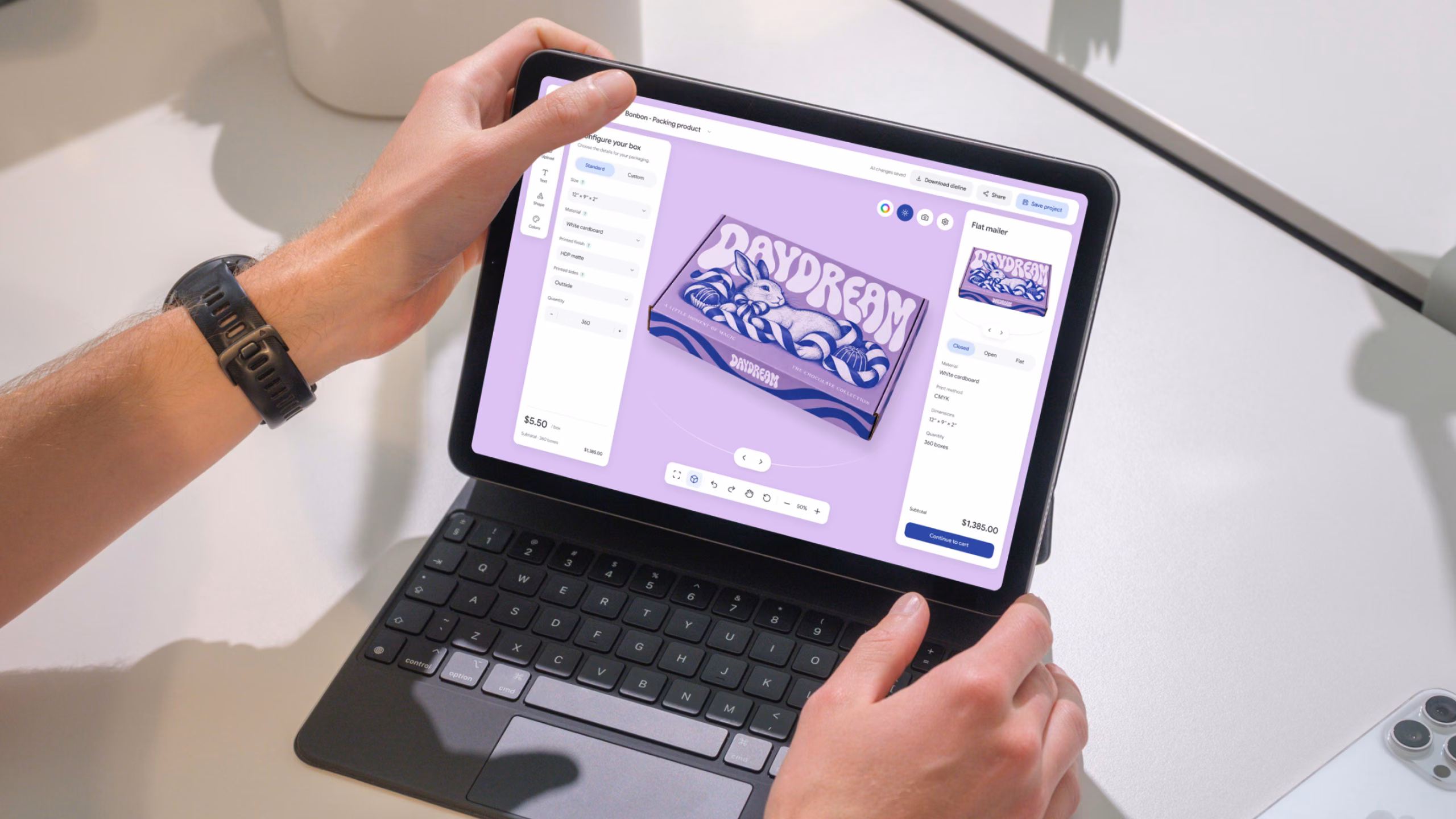 A person using the Packlane packaging editor on a tablet