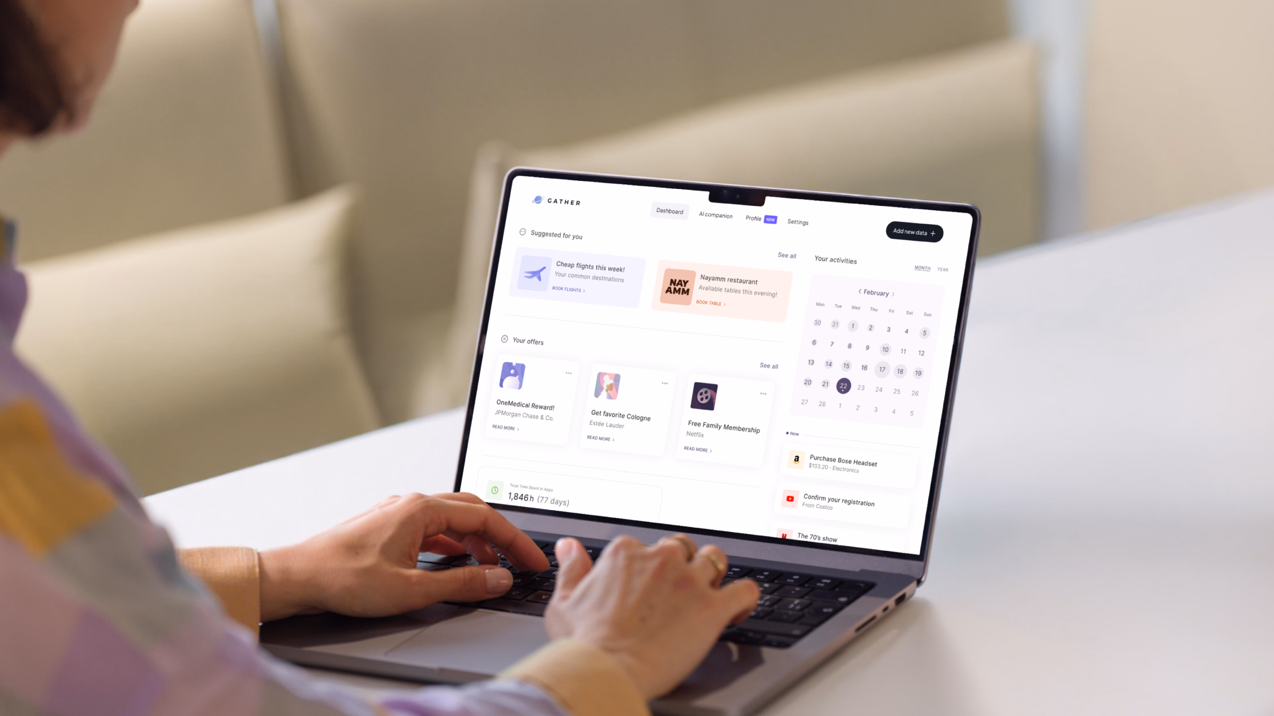 Gather personal dashboard displayed on a laptop