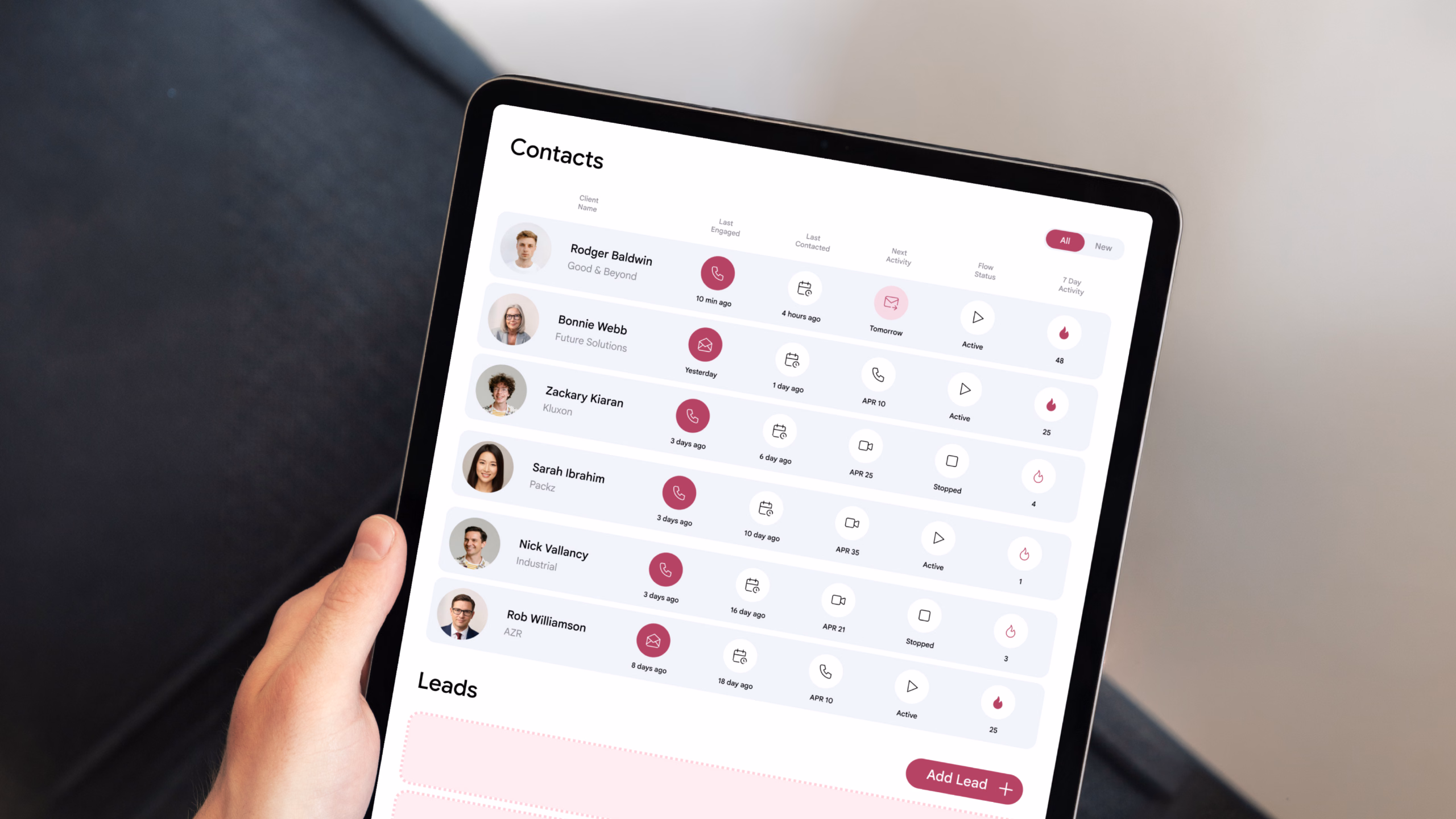 Cliently contacts dashboard displayed on a handheld tablet.