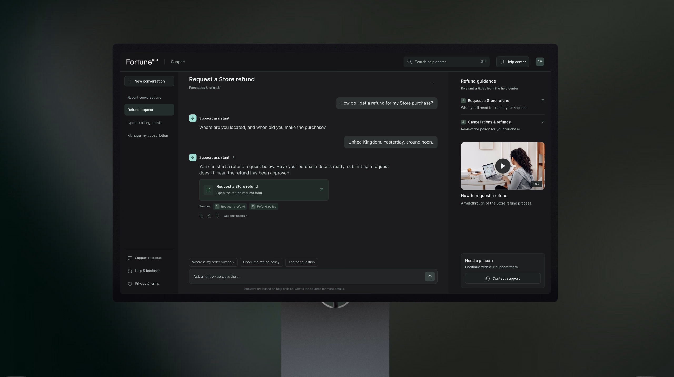 AI support assistant displaying refund guidance on a desktop monitor.