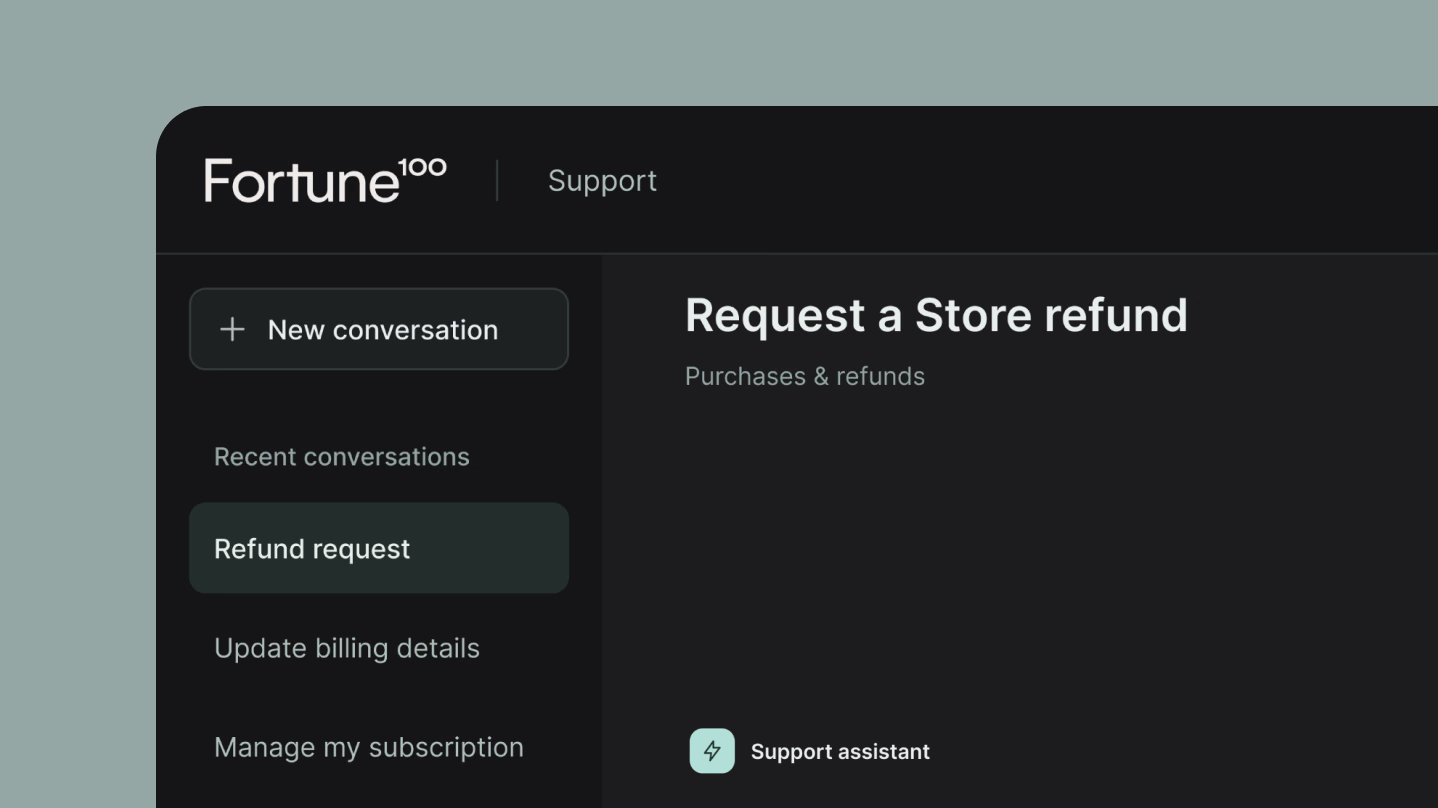 Support conversation workspace with recent conversations and a refund request.