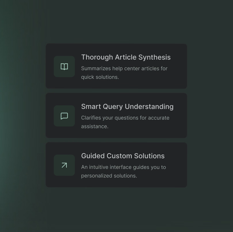 Three features: article synthesis, query understanding, and guided custom solutions.