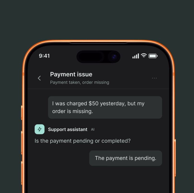 Phone displaying a support conversation with clarifying questions.