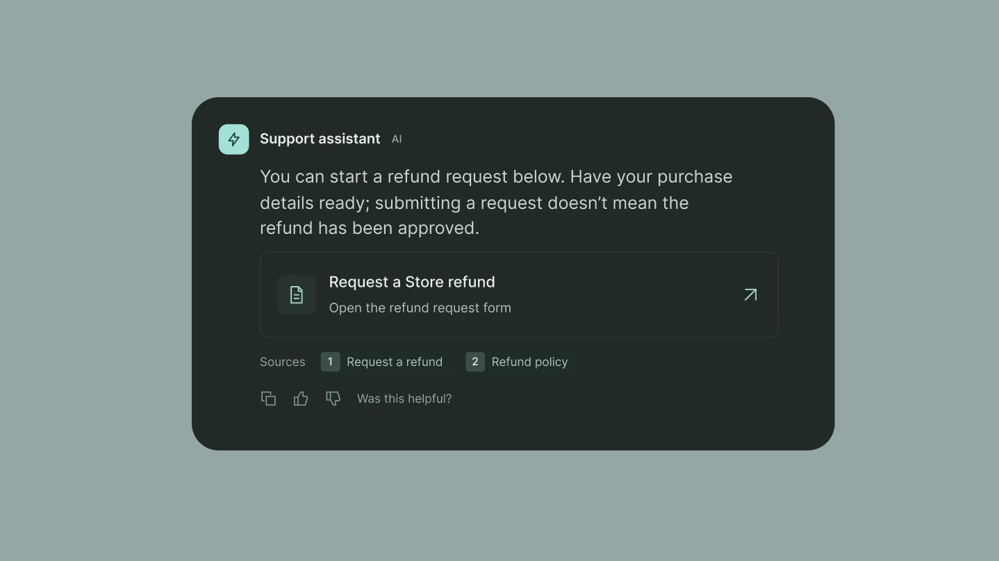 Assistant response linking refund guidance to the request form and source articles.