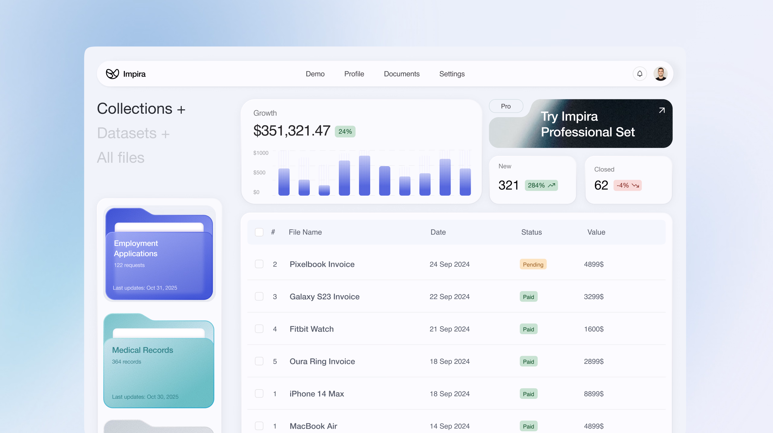 Impira dashboard turning document collections into structured data.