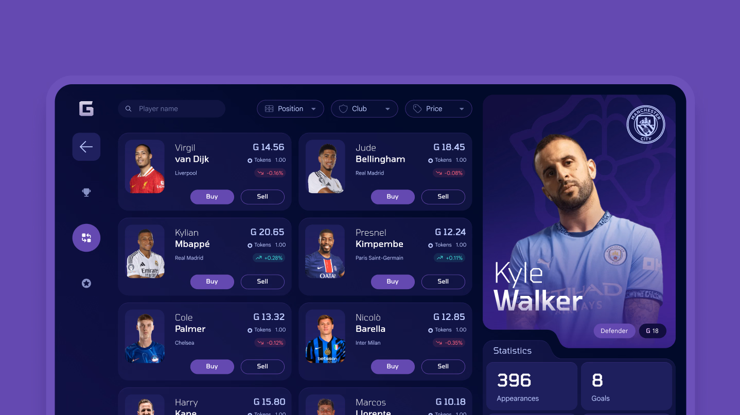 Gambit marketplace with player cards, filters and Kyle Walker’s statistics.
