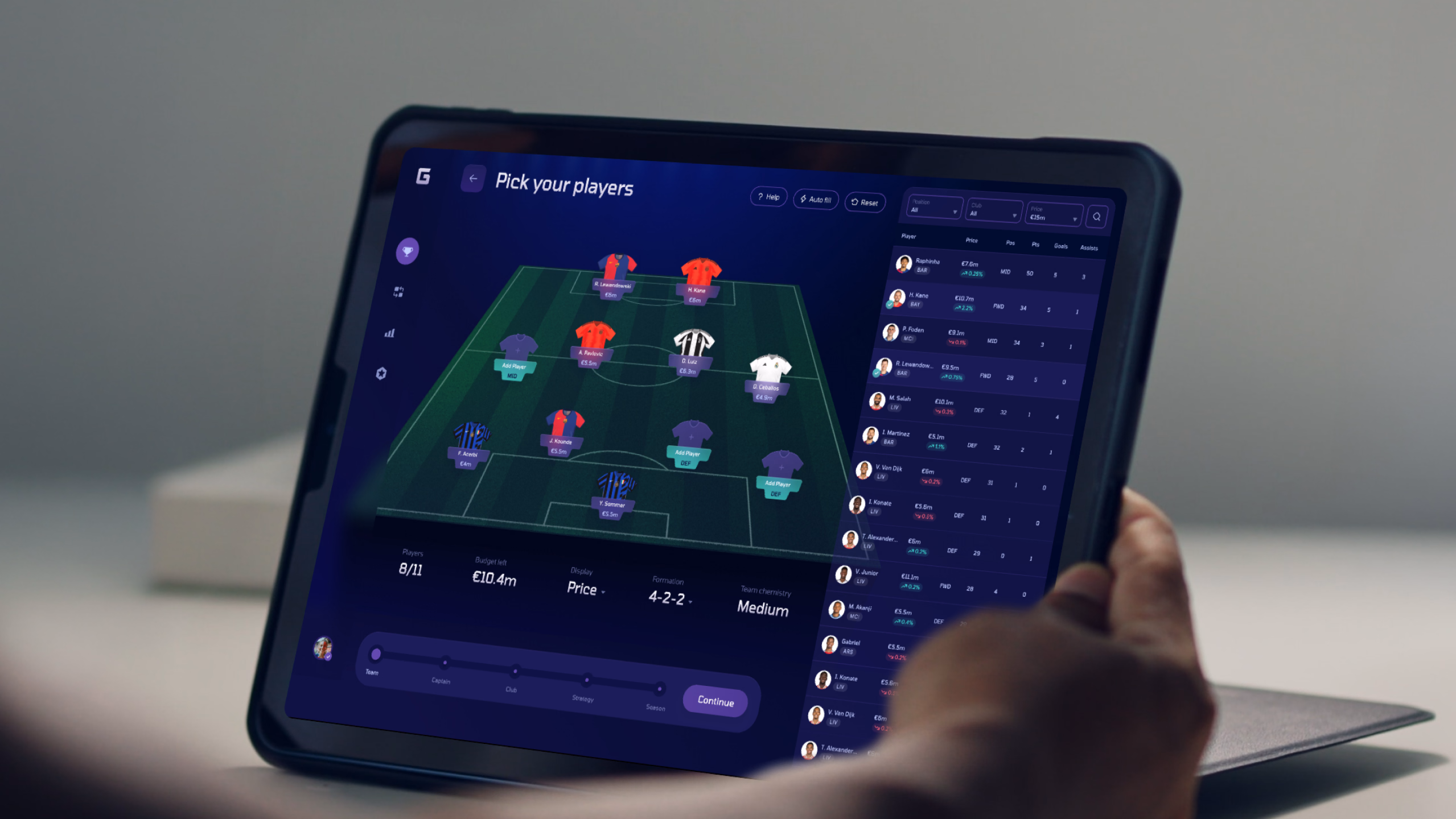 Gambit fantasy football lineup and player selection on a tablet.