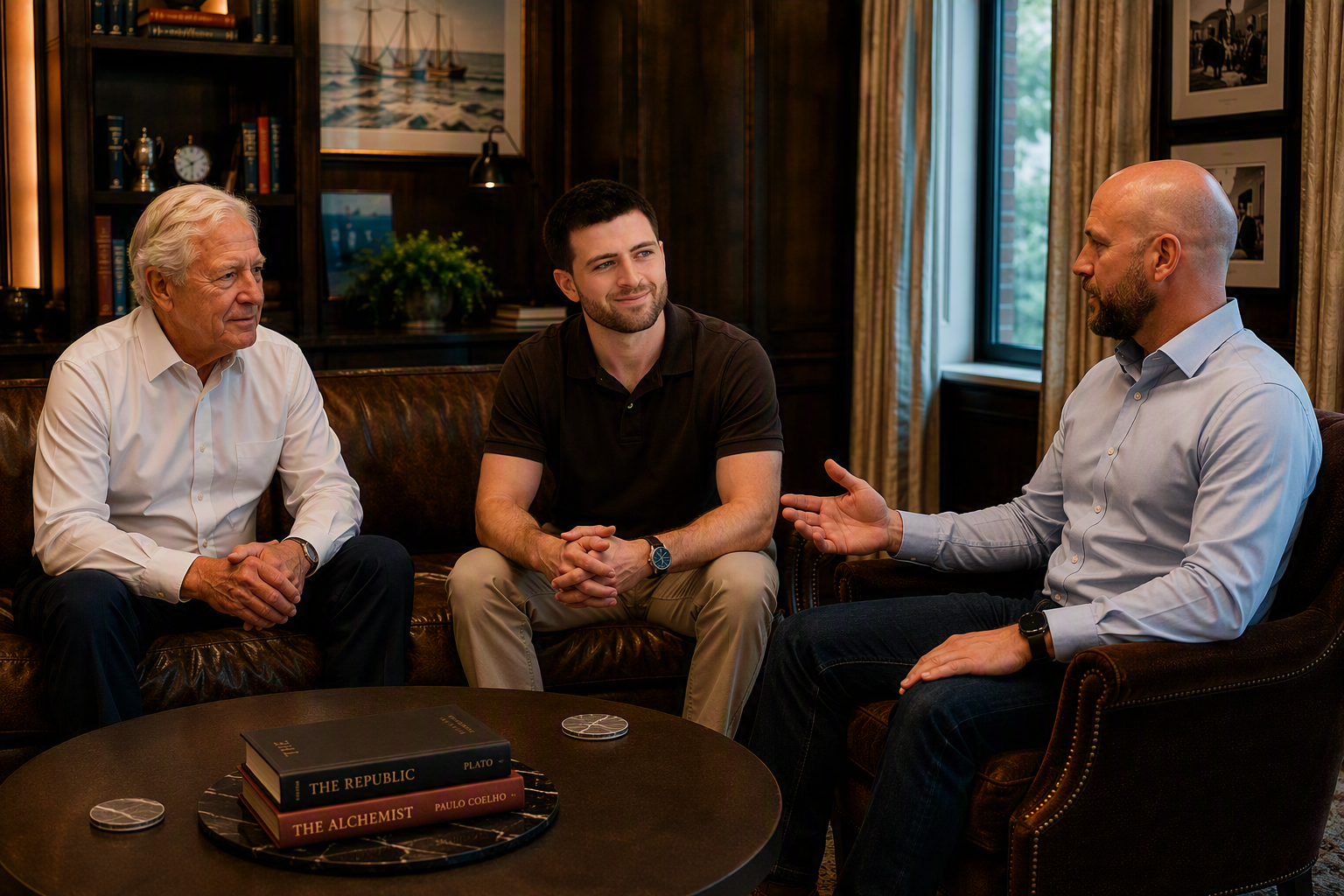 Three men in a cozy, wood-paneled room engaged in conversation, two sitting on a leather couch and one in an armchair near a window with framed pictures and books on a round table.