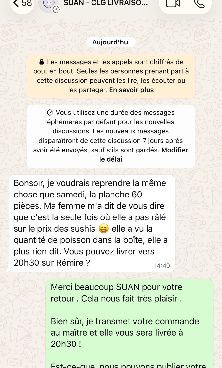 Avis client sur la livraison de sushis Chong Lee à Cayenne, avis écrit =   Bonsoir, je voudrais reprendre la même chose que samedi, la planche 60 pièces. Ma femme m'a dit de vous dire que c'est la seule fois où elle a pas râlé sur le prix des sushis   elle a vu la quantité de poisson dans la boîte, elle a plus rien dit. Vous pouvez livrer vers 20h30 sur Rémire ?