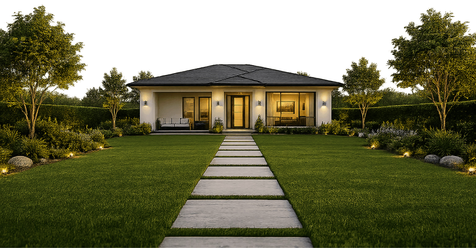 Modern single-story house with lit porch lights, large windows, and a stone path through a green lawn.