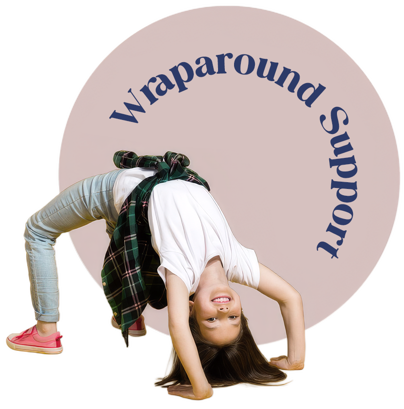 Badge reading Wraparound Support, with a girl bending backwards
