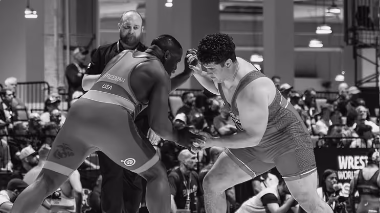 Two wrestlers competing during a Southwest Wrestling Club training session