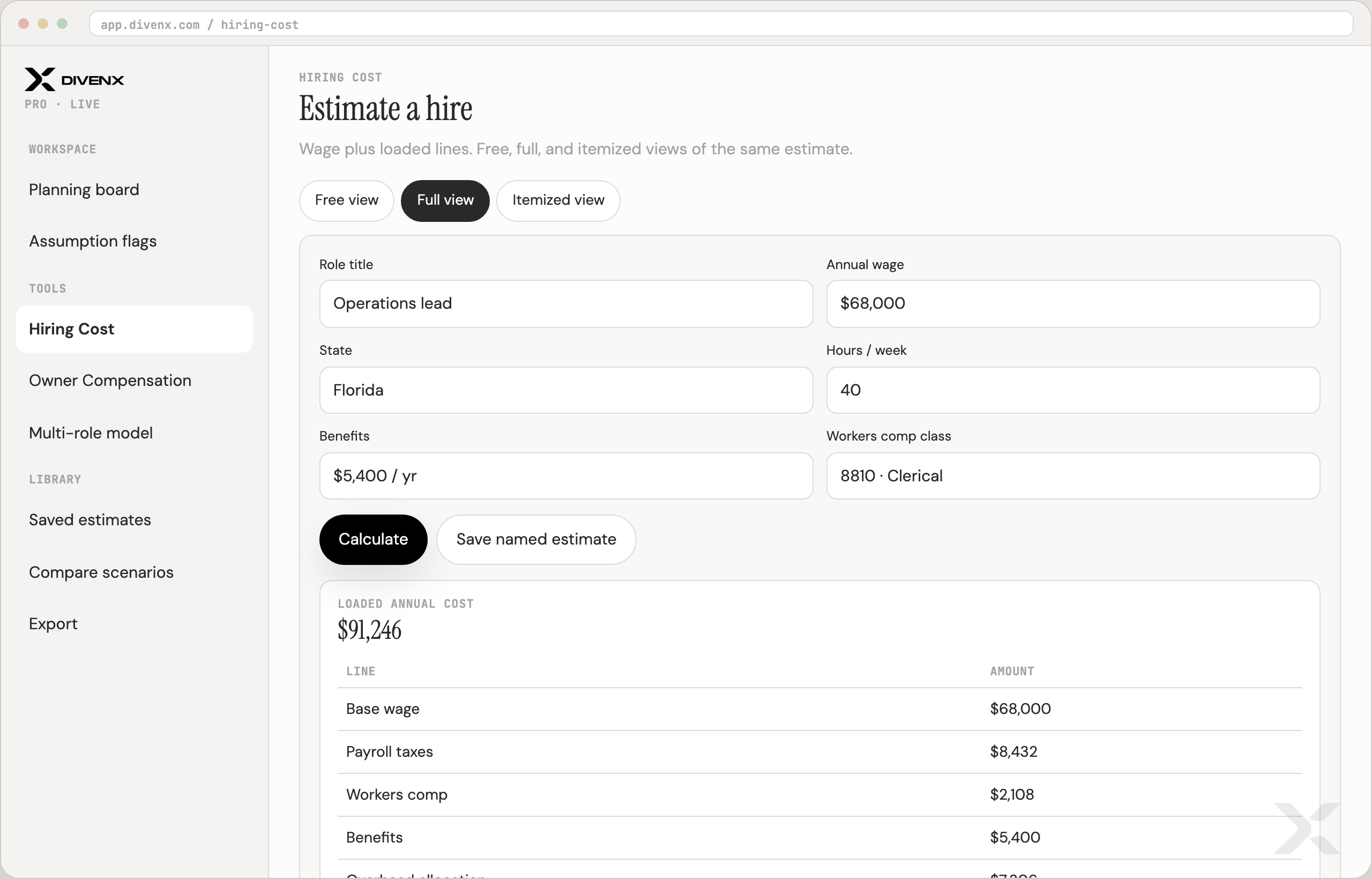DIVENX Hiring Cost calculator full view