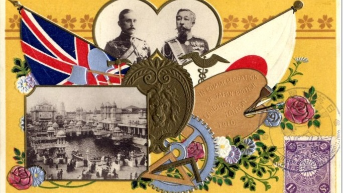 Commemorative postcard for the Japan-British Exhibition depicting King George V and Japanese Emperor Mutsuhito