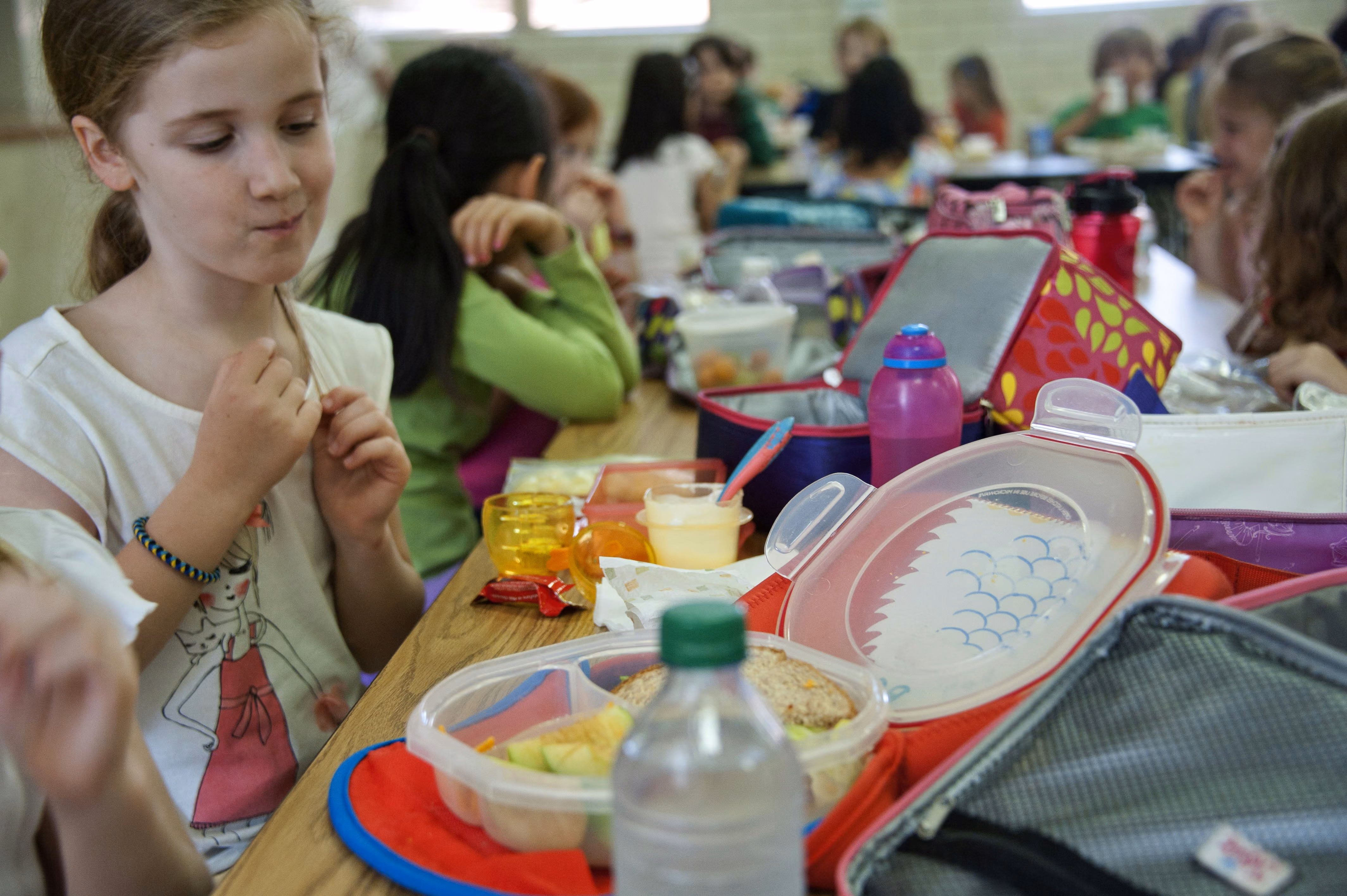 Children sitting at a lunch table with open lunchboxes and food containers in a school cafeteria.