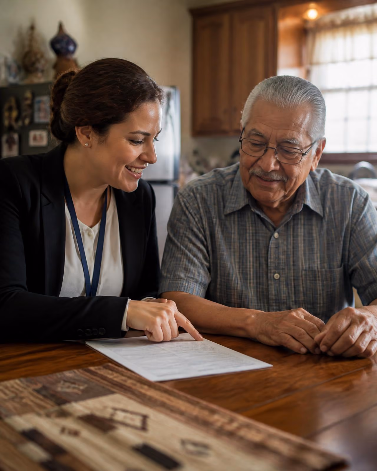 Woman assisting elderly man by explaining a document at a wooden table in a home kitchen.