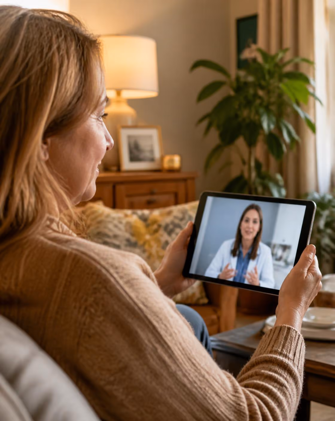 Woman in a beige sweater holds a tablet showing a female doctor during a telehealth video call.