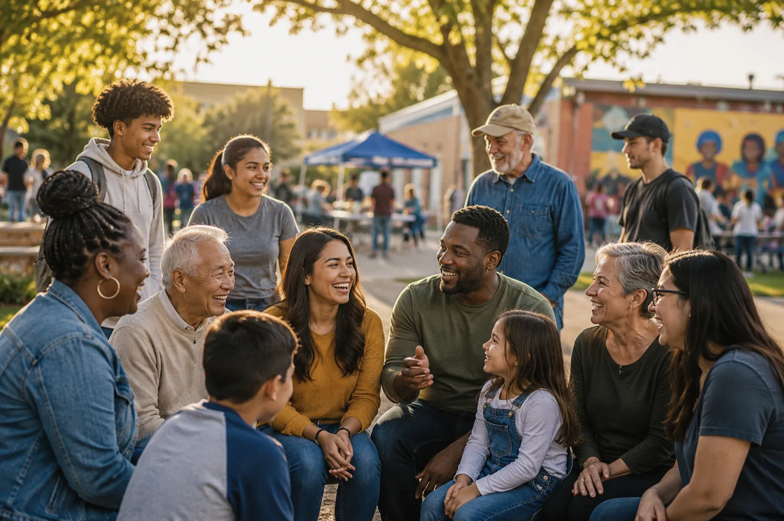 Diverse group of people smiling and talking outdoors in a sunny park setting with trees and tents.