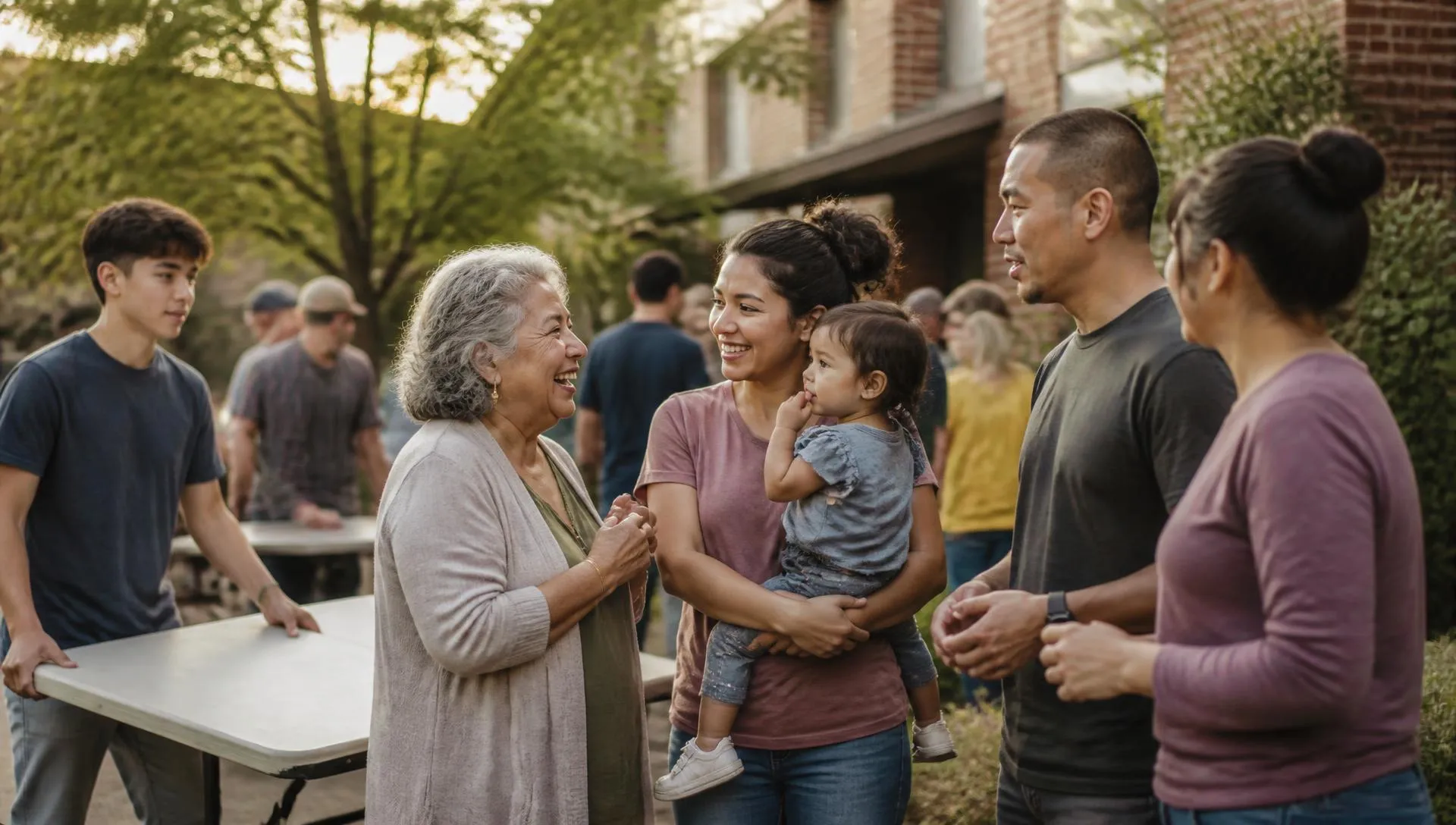 Multigenerational family smiling and talking outdoors at a gathering near a brick building.