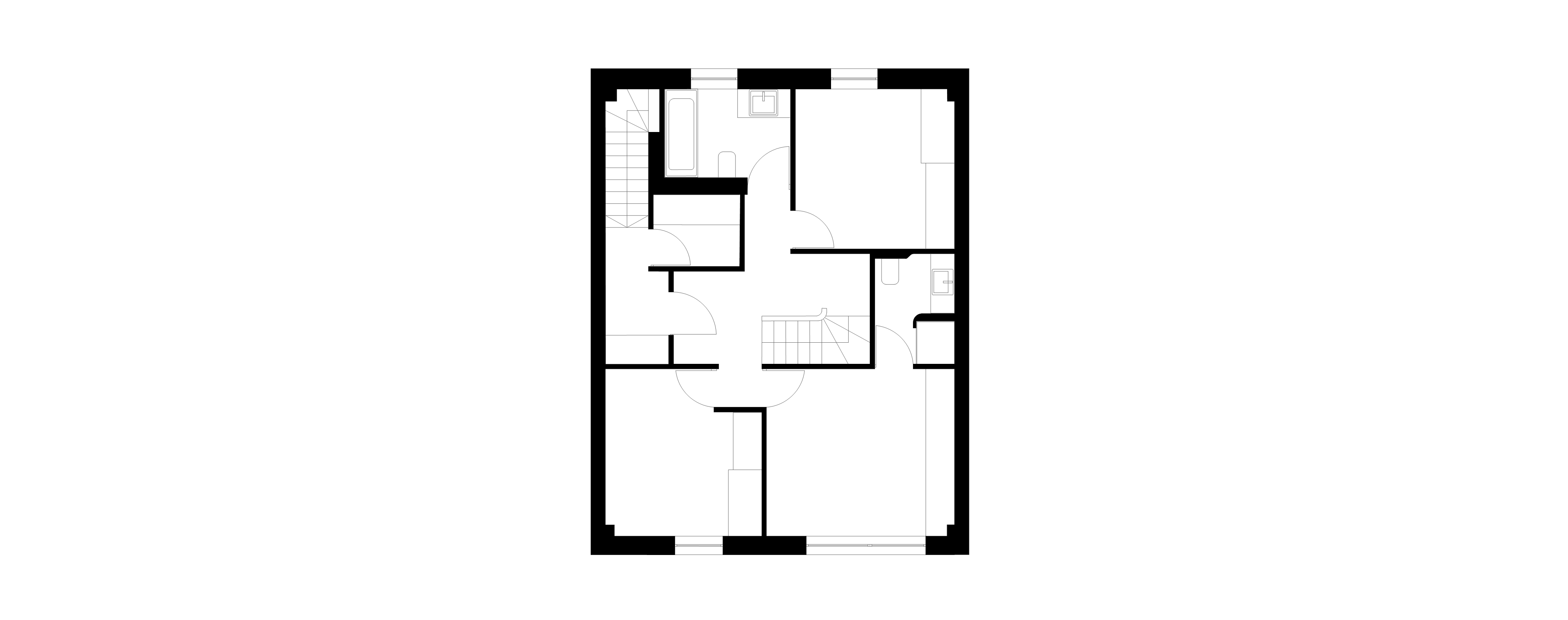 Upper floor plan showing the bedrooms and bathroom around the central stair