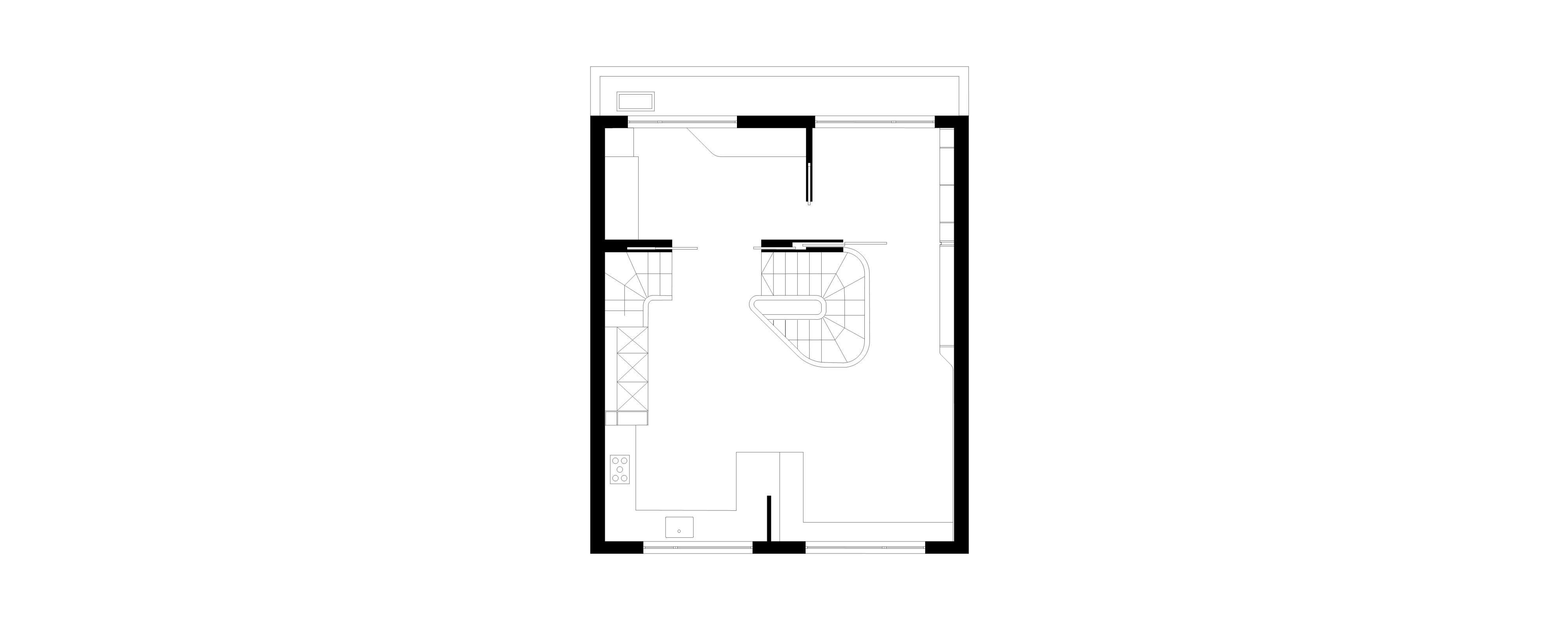 Main floor plan with the open-plan living space and curved central stair
