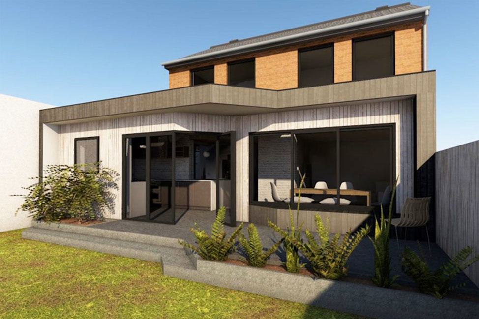 Rendered view of the rear elevation, with timber cladding and full-width glazed doors to the garden