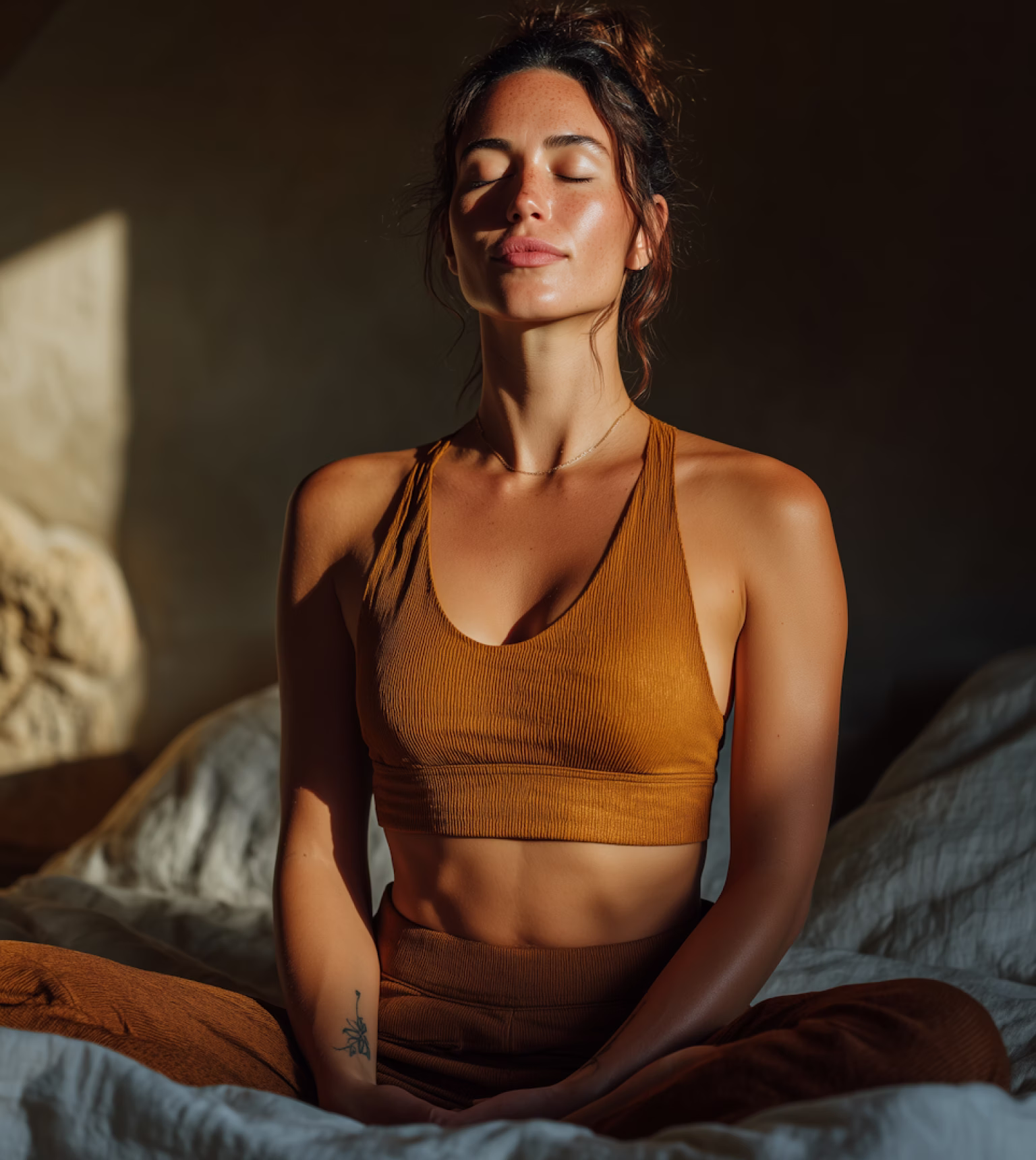 Woman sitting cross-legged in warm sunlight, eyes closed