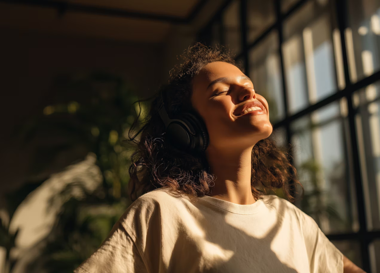 Serene woman enjoying a music moment indoors