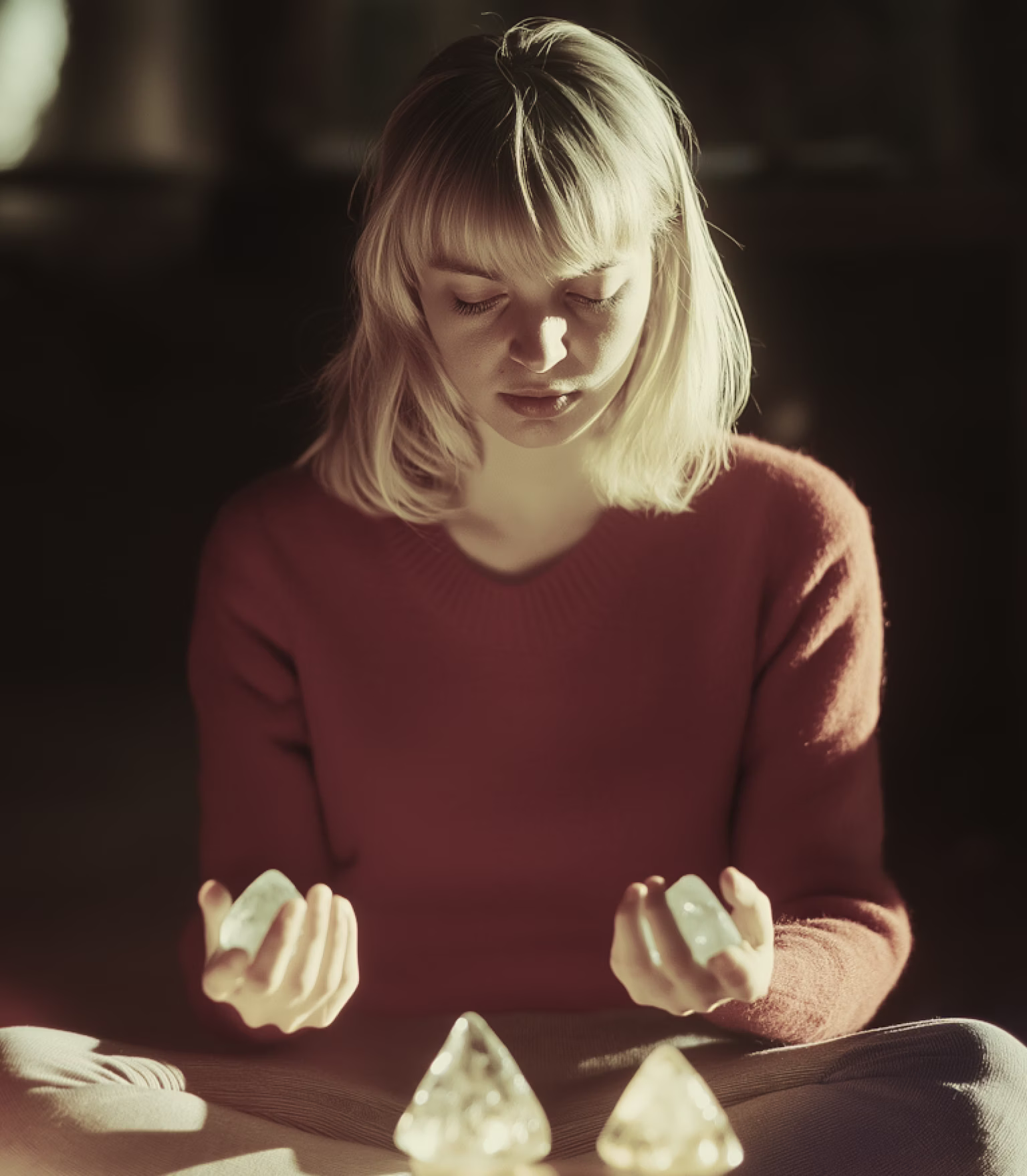 Woman practicing yoga in a serene setting, holding crystals