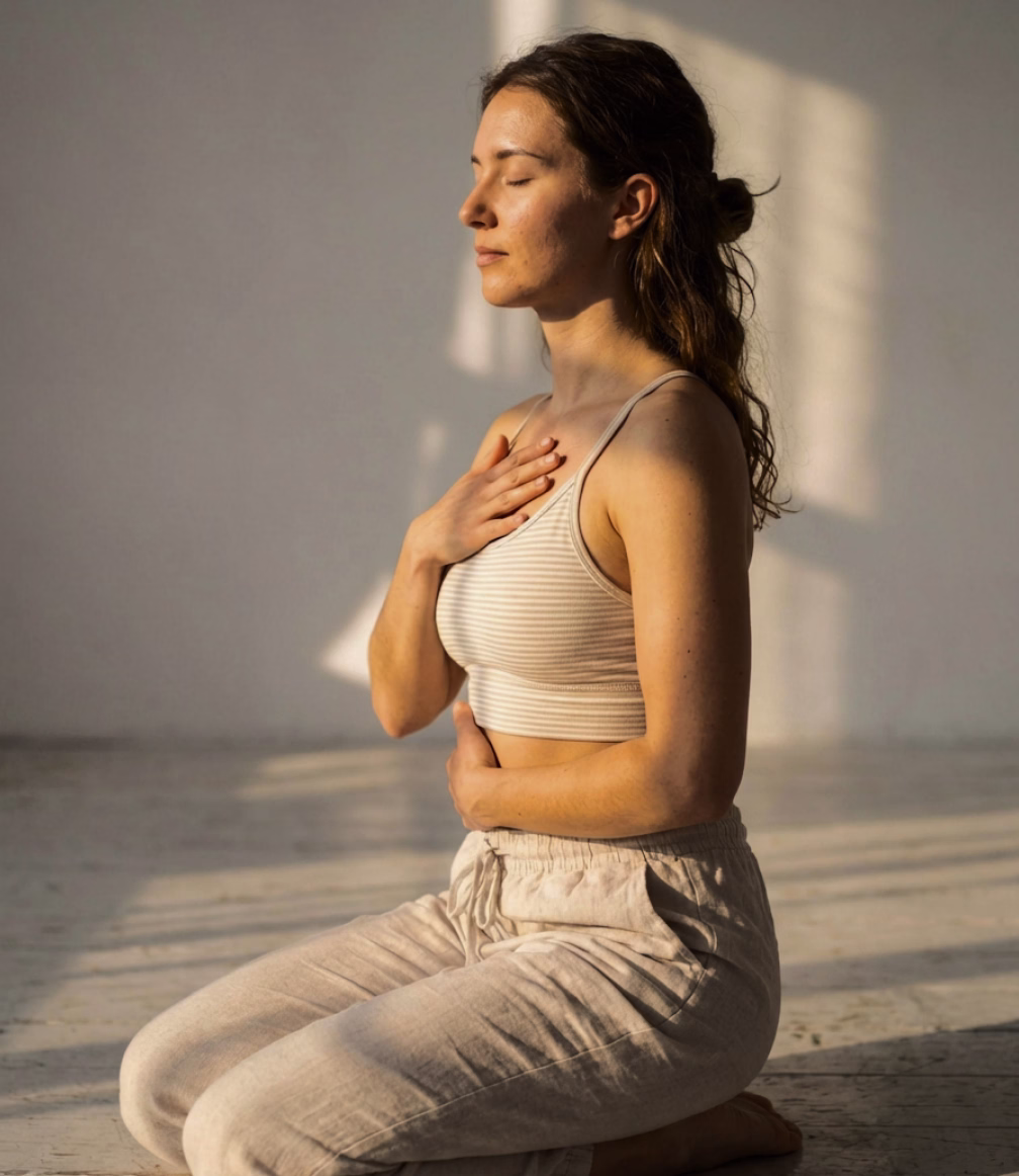 Woman meditating peacefully in soft indoor light