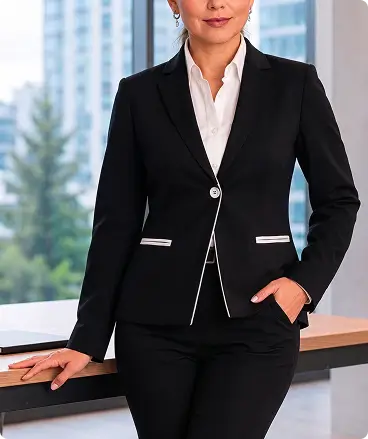 Saco corporativo negro para mujer con vivos blancos, diseño elegante para ropa de trabajo y oficina.