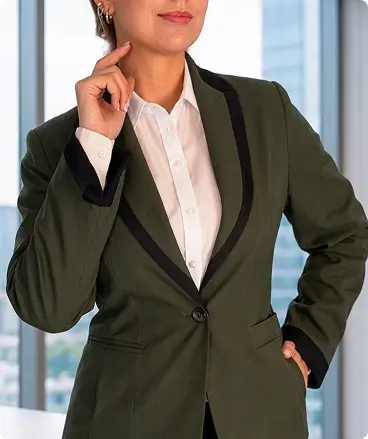Saco ejecutivo para mujer color verde olivo con solapas negras, ideal para uniformes empresariales.