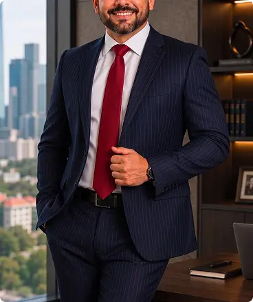 Traje sastre clásico en color azul marino con corbata roja, uniforme corporativo elegante para hombre.