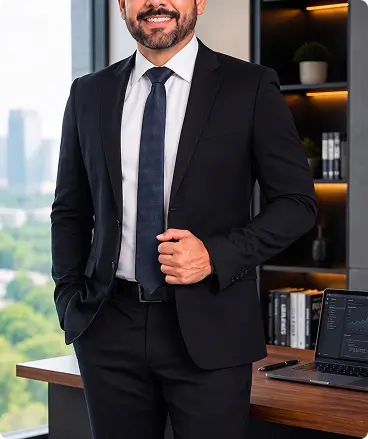 Uniforme corporativo para hombre con traje sastre negro, diseño ejecutivo formal para empresas.