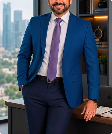Traje sastre para hombre con saco azul, pantalón marino y corbata, diseño de uniforme corporativo para oficina.
