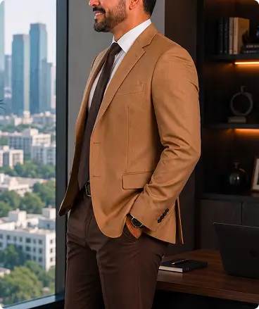 Uniforme ejecutivo para hombre con saco color camello y pantalón marrón, estilo sastre corporativo.