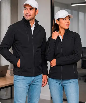 Chamarras de trabajo negras tipo softshell y gorras blancas, uniformes operativos para hombre y mujer.